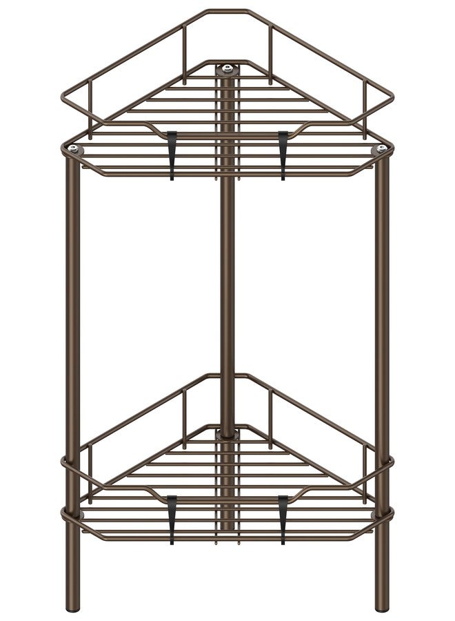 HuggieGems 2 Tier Floor Standing Corner Shower Caddy Organizer Shelf with Hooks, Bathroom Shelves Stand Rack, Bronze - Image 1