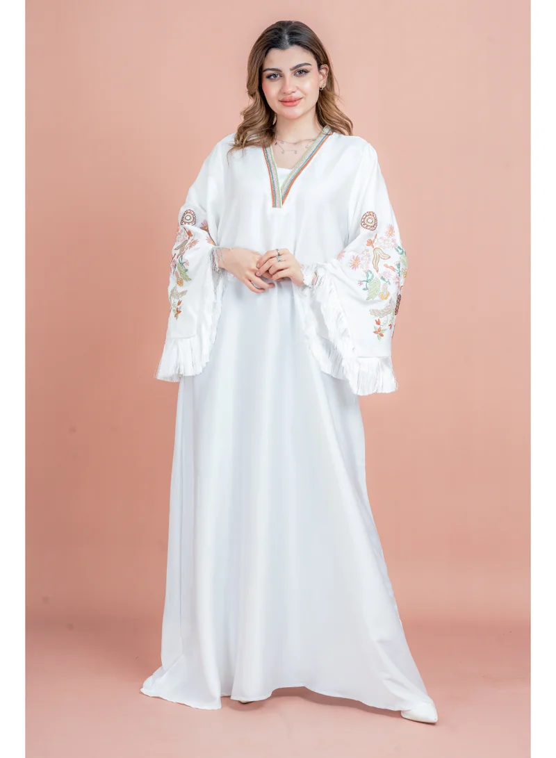 IKKXA Shimmer Detail Sleeves Embroidered Jalabiya IK1045 White