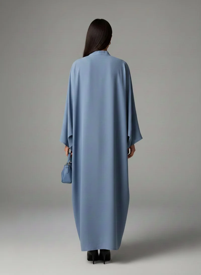 MSquare Fashion  Signature Korean Nida Dusty Blue Open Abaya Minimalist High Neck Design for Women | Best Price UAE