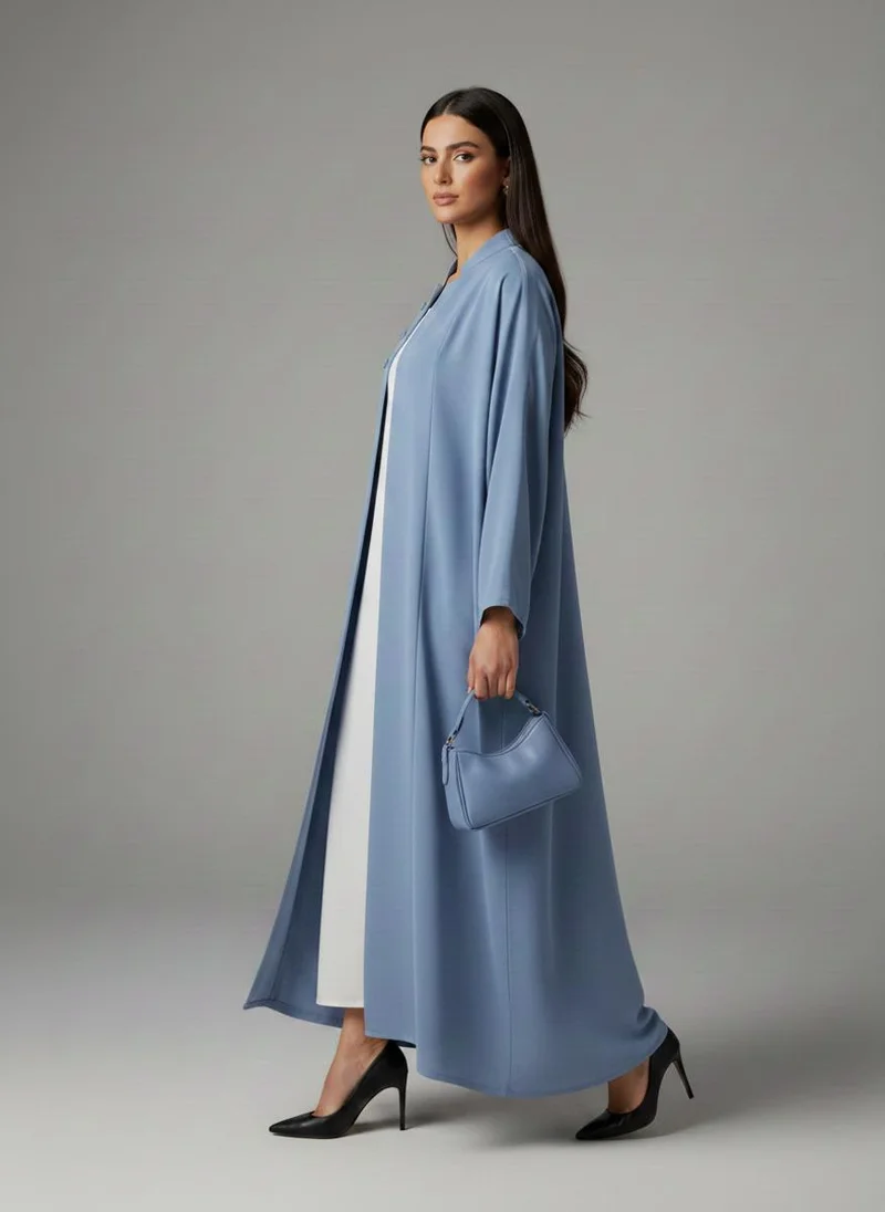 MSquare Fashion Signature Korean Nida Dusty Blue Open Abaya Minimalist High Neck Design