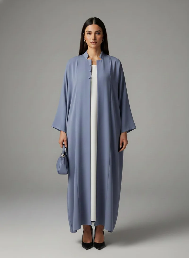 MSquare Fashion Signature Korean Nida Dusty Blue Open Abaya Minimalist High Neck Design