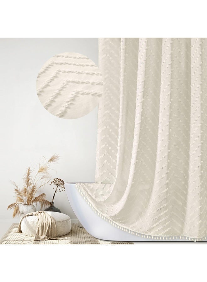 Boho Shower Curtain Tassel Woven Fabric Shower Curtain Modern Farmhouse Textured Tufted Chevron Striped Minimalist Bathroom Hotel (Beige, 183 * 183cm) - Image 1