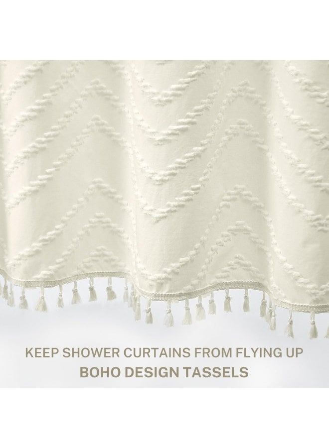Boho Shower Curtain Tassel Woven Fabric Shower Curtain Modern Farmhouse Textured Tufted Chevron Striped Minimalist Bathroom Hotel (Beige, 183 * 183cm) - Image 5