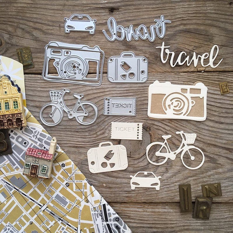 Travel Theme Junk Journal Art Cutting Die Cameras Bicycles Tickets Luggage Die Cuts for DIY Scrapbooking Album Card Making Decor Paper Crafting