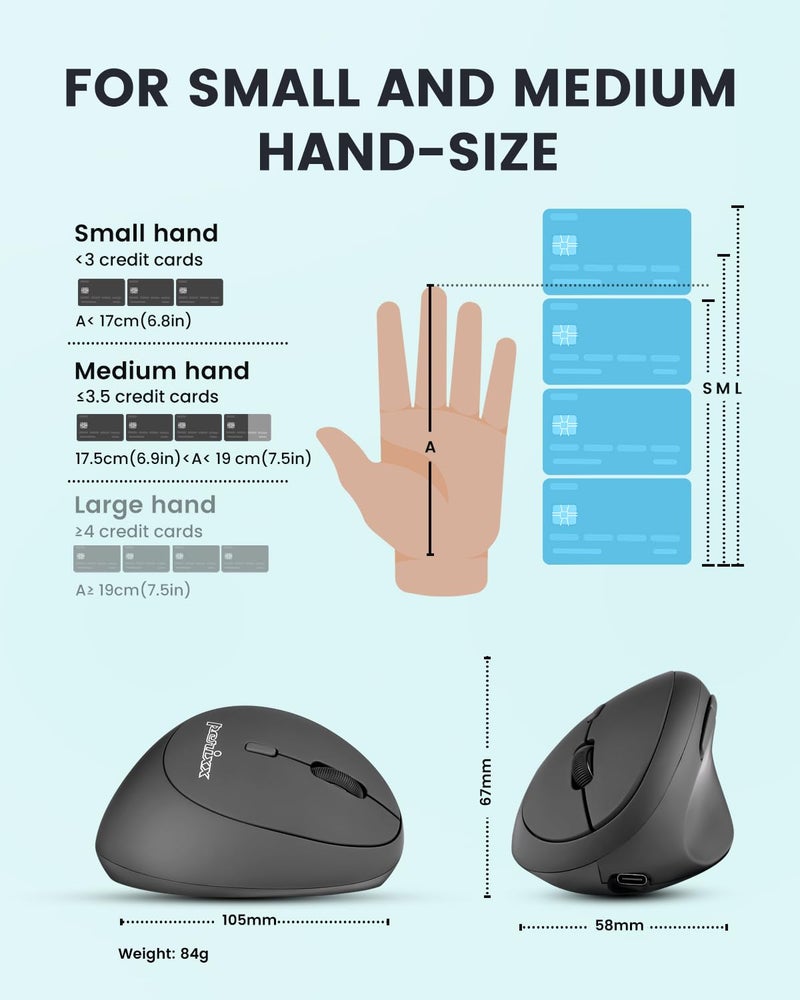 Perixx PERIMICE-719RX Wireless 2.4G Rechargeable Ergonomic Mouse - Duo Wired and Cordless Charging Feature - Wireless Charger Included - Black - Image 5