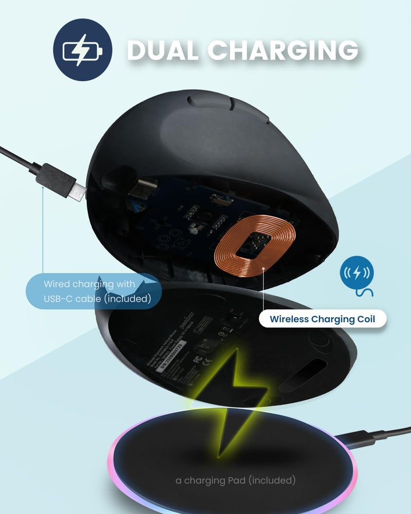 Perixx PERIMICE-719RX Wireless 2.4G Rechargeable Ergonomic Mouse - Duo Wired and Cordless Charging Feature - Wireless Charger Included - Black - Image 4