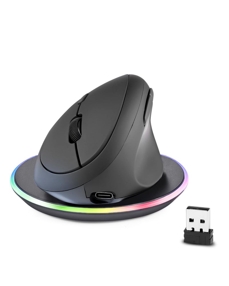 Perixx PERIMICE-719RX Wireless 2.4G Rechargeable Ergonomic Mouse - Duo Wired and Cordless Charging Feature - Wireless Charger Included - Black - Image 1