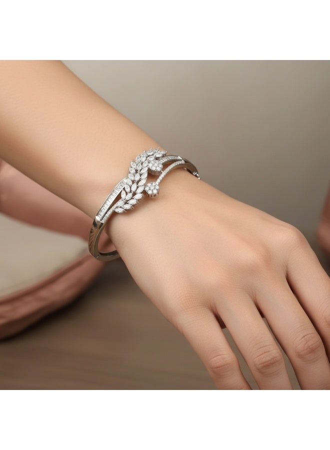 Pretty Precious Cubic Zirconia  Openable Kada | Cubic Zirconia  Openable Brecelet – Elegant Rhodium Plated Openable Bangle for Women and Girls-White - Image 1