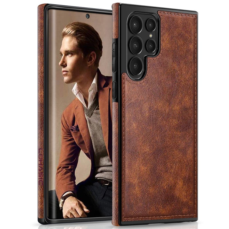 LOHASIC for Galaxy S22 Ultra Case, Premium Leather Luxury Business PU Non-Slip Grip Shockproof Bumper Full Body Protective Cover Phone Cases for Samsung Galaxy S22 Ultra 5G 6.8 inch - Brown - Image 1