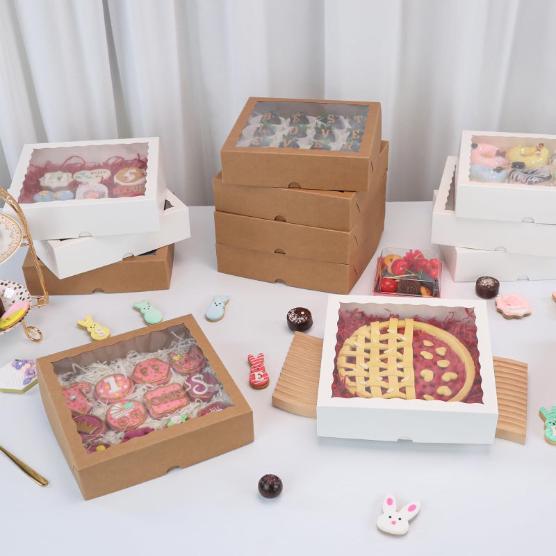 TEMLQPACK 12pcs 10x10x2.5 Inches Brown Bakery Boxes with Window, Pie, Cookies, Chocolate Covered Strawberries, Breakable Heart, Charcuterie Boxes for Christmas - Image 4