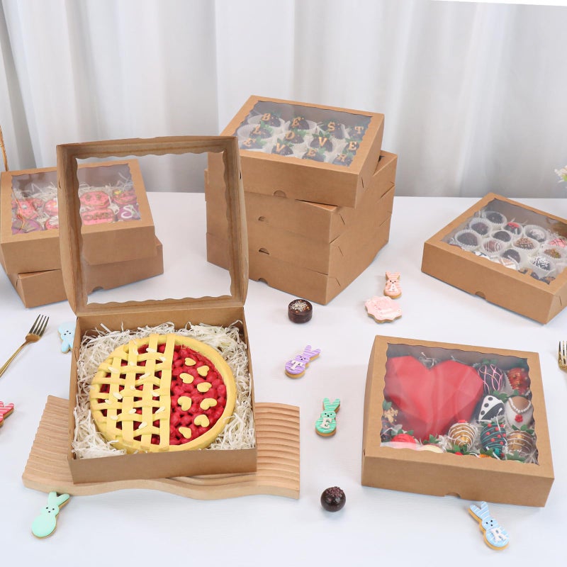 TEMLQPACK 12pcs 10x10x2.5 Inches Brown Bakery Boxes with Window, Pie, Cookies, Chocolate Covered Strawberries, Breakable Heart, Charcuterie Boxes for Christmas - Image 2