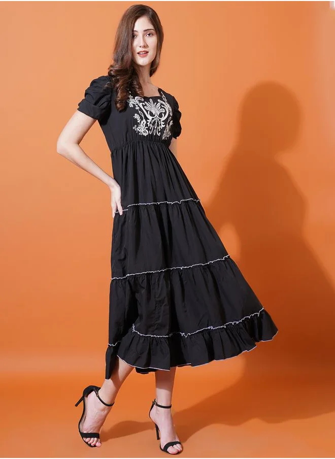U&F Embroidery Detail Puff Sleeve Tiered Midi Dress by Styli