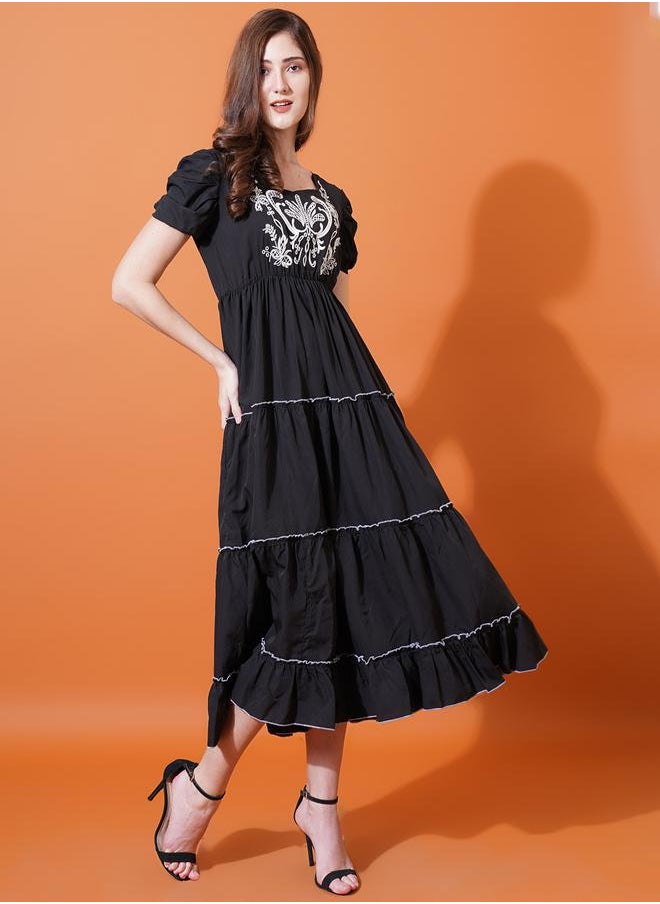 U&F - Embroidery Detail Puff Sleeve Tiered Midi Dress by Styli - Image 1