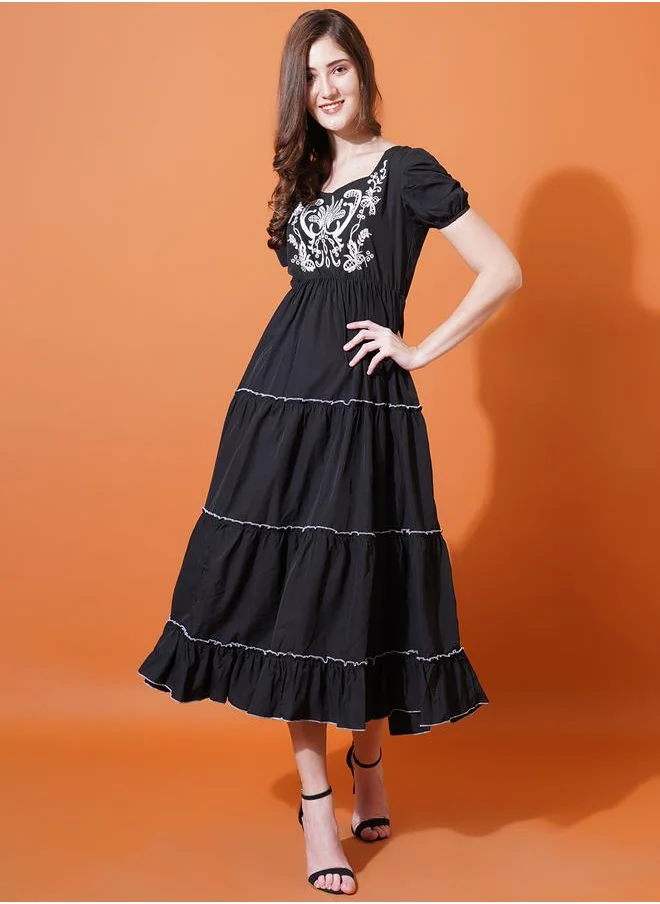 U&F Embroidery Detail Puff Sleeve Tiered Midi Dress by Styli