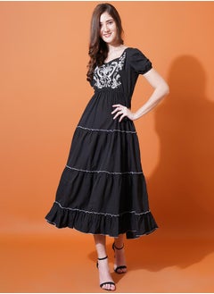 Embroidery Detail Puff Sleeve Tiered Midi Dress by Styli
