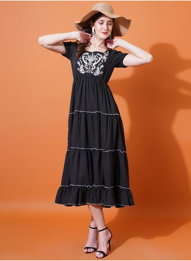 U&F - Embroidery Detail Puff Sleeve Tiered Midi Dress by Styli - Image 1
