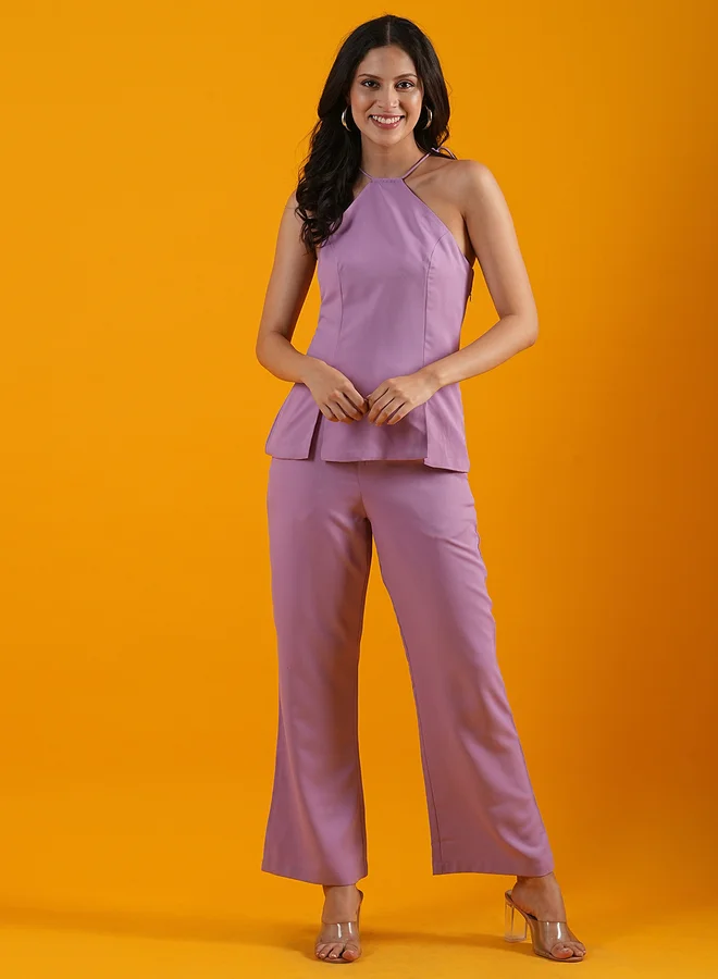 جلو باص Globus Halter Neck Front Slits Crepe Top with Trousers Co-Ords