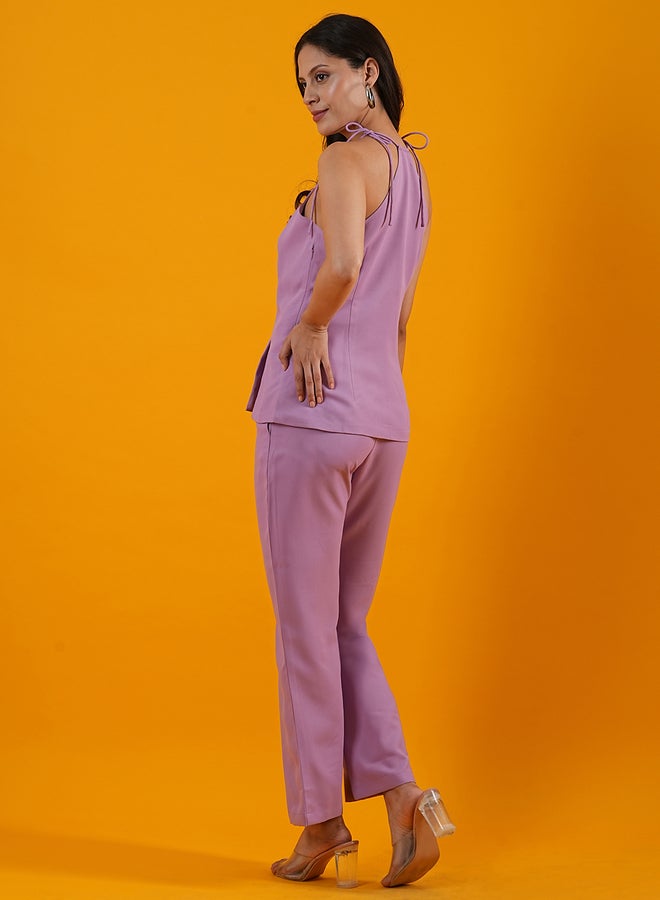 Globus Halter Neck Front Slits Crepe Top with Trousers Co-Ords - Image 3