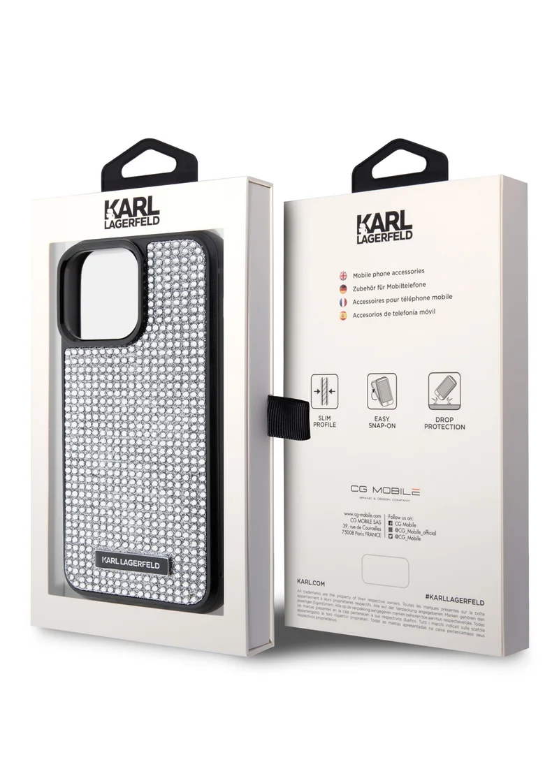 Karl Lagerfeld iPhone 15 Pro Max Case Rhinestone with Logo Metal Plate / Easy Snap-on / Drop Protection / Slim Back Cover - Silver