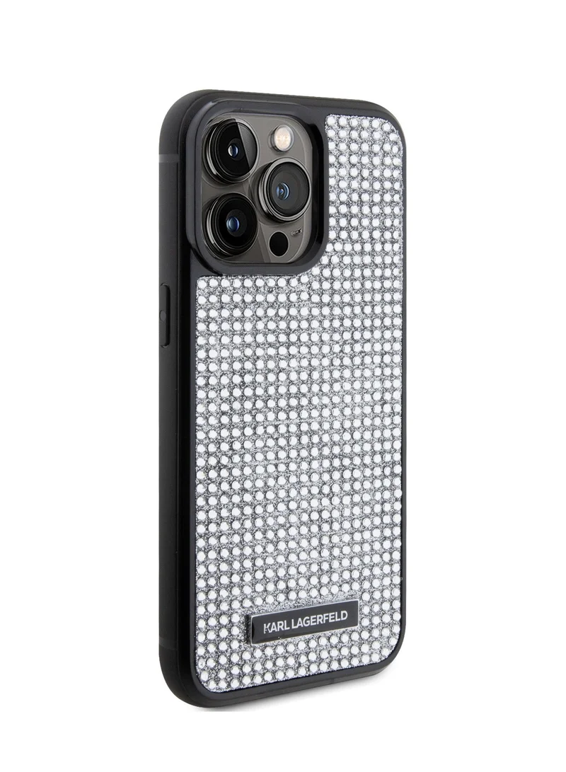 Karl Lagerfeld iPhone 15 Pro Max Case Rhinestone with Logo Metal Plate / Easy Snap-on / Drop Protection / Slim Back Cover - Silver