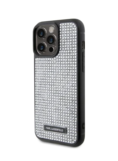 كارل لاغرفيلد جراب iPhone 15 Pro Max مرصع بأحجار الراين مع لوحة معدنية بشعار / سهل التركيب / حماية من السقوط / غطاء خلفي رفيع - فضي