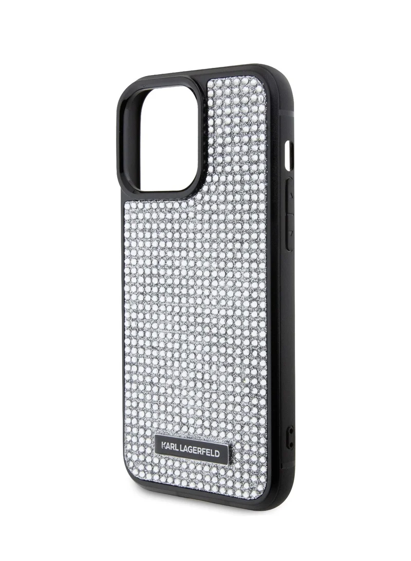Karl Lagerfeld iPhone 15 Pro Max Case Rhinestone with Logo Metal Plate / Easy Snap-on / Drop Protection / Slim Back Cover - Silver