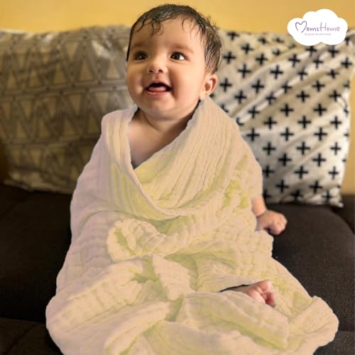 MOM'S HOME Cotton Baby Super Soft Absorbent Muslin 6 Layer wash Towel- 100X100 CM - (0-3 Years)- Yellow - Image 5