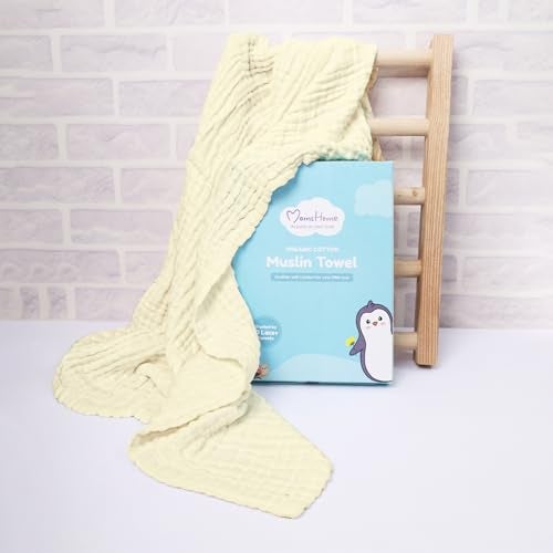MOM'S HOME Cotton Baby Super Soft Absorbent Muslin 6 Layer wash Towel- 100X100 CM - (0-3 Years)- Yellow - Image 2