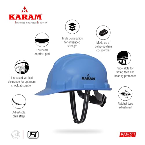 KARAM PN521 Safety Helmet for Men Construction Helmet | Ratchet Type Adjustment with Adjustable Chin Strap | Work Helmet with Side Slot for Attachment | is:2925:1984 Certified | Star Blue - Image 3