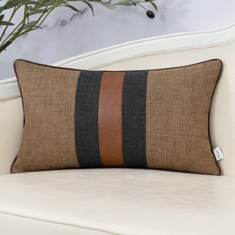Yangest Patchwork Pillow Cover 12x20 Inch Luxury Cotton and Linen Cushion Cover Faux Leather Pillowcover for Couch Bedroom Living Room, Brown - Image 1
