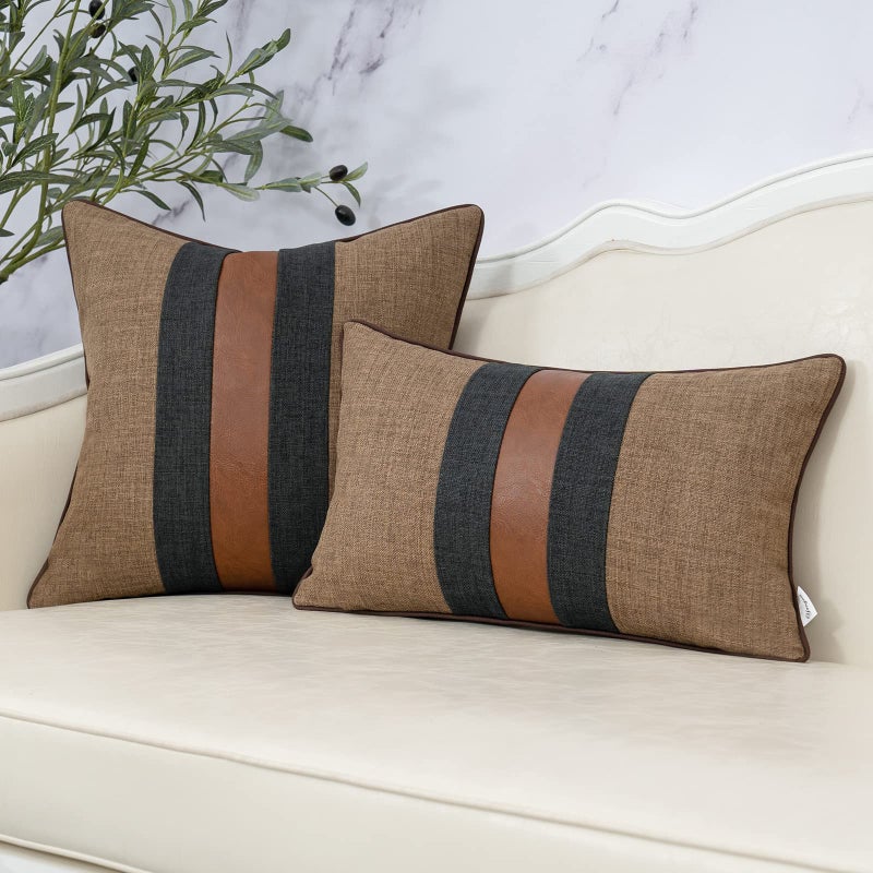 Yangest Patchwork Pillow Cover 12x20 Inch Luxury Cotton and Linen Cushion Cover Faux Leather Pillowcover for Couch Bedroom Living Room, Brown - Image 5