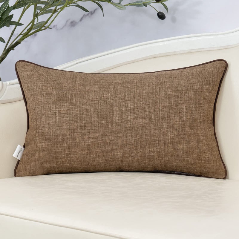 Yangest Patchwork Pillow Cover 12x20 Inch Luxury Cotton and Linen Cushion Cover Faux Leather Pillowcover for Couch Bedroom Living Room, Brown - Image 2
