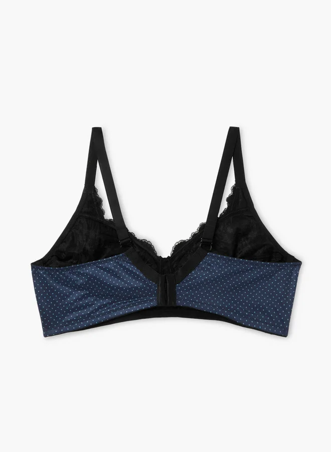 Aadaraya Aadaraya Polka Dot Print Laced Bra with Hook and Eye Closure