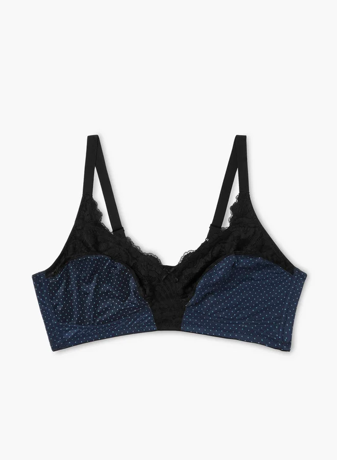 Aadaraya Aadaraya Polka Dot Print Laced Bra with Hook and Eye Closure