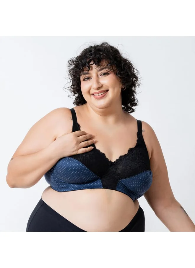 Aadaraya Aadaraya Polka Dot Print Laced Bra with Hook and Eye Closure
