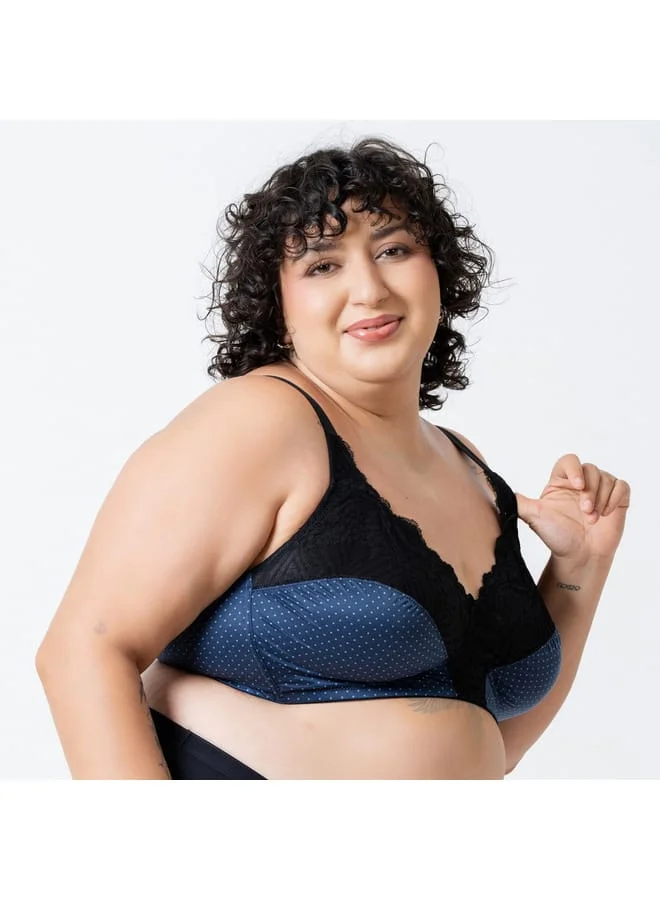 Aadaraya Aadaraya Polka Dot Print Laced Bra with Hook and Eye Closure