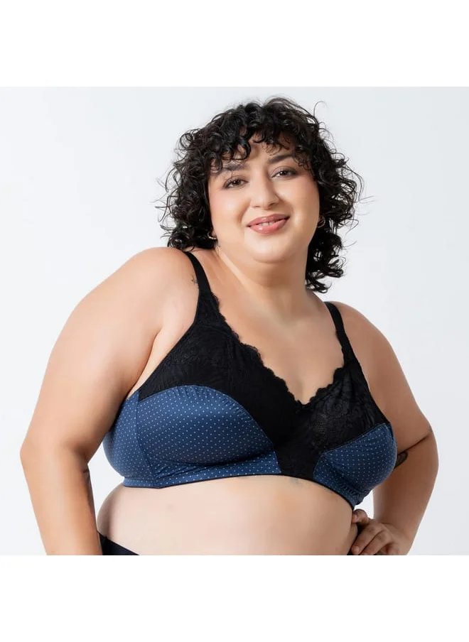 Aadaraya Aadaraya Polka Dot Print Laced Bra with Hook and Eye Closure
