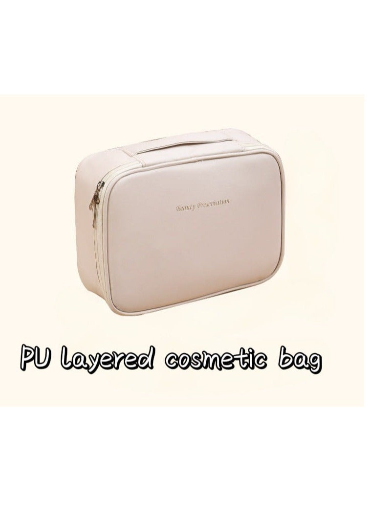Generic Travel Cosmetic Bag for Women, Large Capacity Layered Storage Makeup Bag, with Handle Portable Travel Organizer, Waterproof Multifunctional Bag, PU Leather Cosmetic Bag (White)  - Image 1