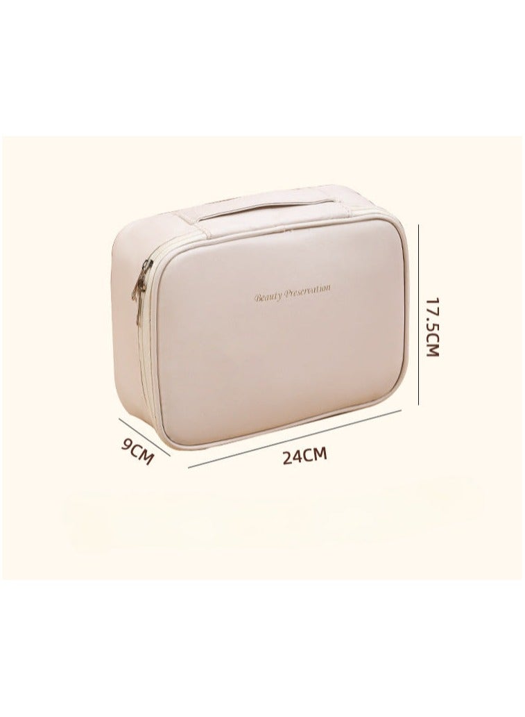 Generic Travel Cosmetic Bag for Women, Large Capacity Layered Storage Makeup Bag, with Handle Portable Travel Organizer, Waterproof Multifunctional Bag, PU Leather Cosmetic Bag (White)  - Image 2