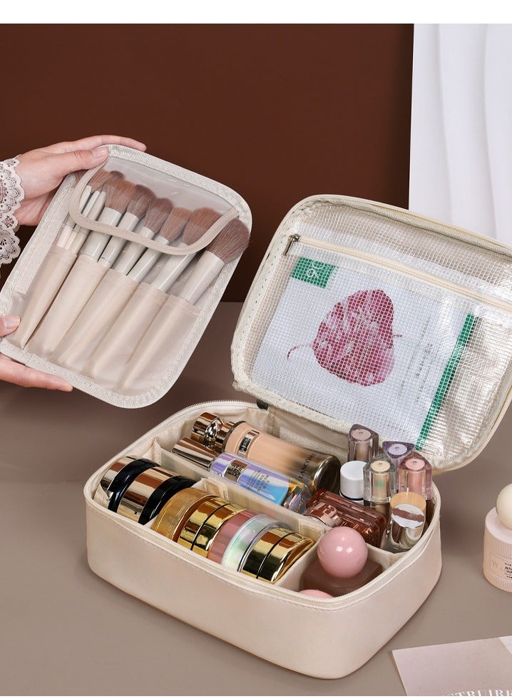 Generic Travel Cosmetic Bag for Women, Large Capacity Layered Storage Makeup Bag, with Handle Portable Travel Organizer, Waterproof Multifunctional Bag, PU Leather Cosmetic Bag (White)  - Image 3