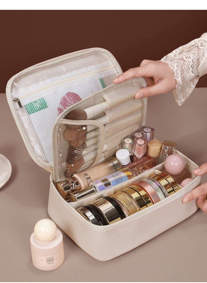 Generic Travel Cosmetic Bag for Women, Large Capacity Layered Storage Makeup Bag, with Handle Portable Travel Organizer, Waterproof Multifunctional Bag, PU Leather Cosmetic Bag (White)  - Image 4
