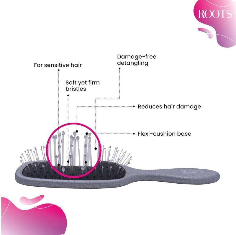 ROOTS Zero Tangle Grey Paddle Hair Brush | Flexi Cushion Base | Soft yet Firm Bristles | Damage-Free Detangling on Sensitive/Wet/Dry Hair | For Men & Women | Length - 8.8 Inch, Model No - RZTR-SG - Image 3