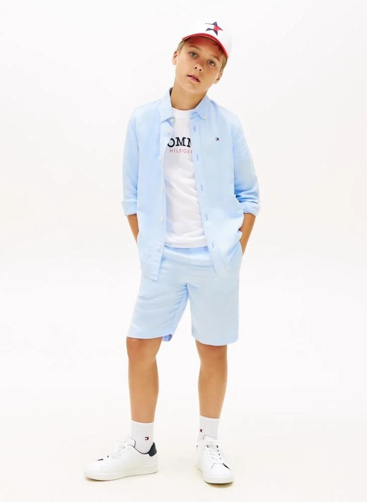 Tommy Hilfiger Sweet Blue Relaxed Fit Flag Embroidery Linen Blend Shirt for Men | Best Price UAE