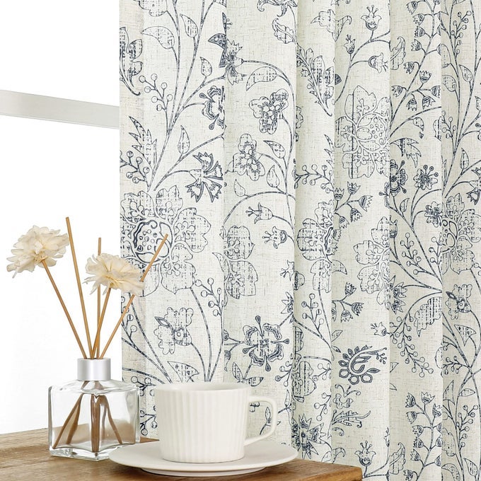 BLUE FLORAL LINEN CURTAINS BACK TABS ROD POCKET SEMI SHEER FARMHOUSE WINDOW CURTAINS FOR BEDROOM LIVING ROOM LIGHT FILTERING DRAPES 63 INCH BLUE ON BEIGE 2 PANELS54 WX63 L