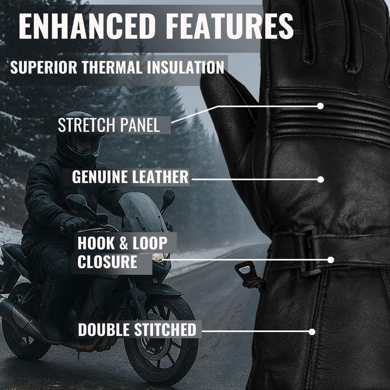 Jackets 4 Bikes Winter Motorcycle Gloves, Premium Biker Sheep Leather Thinsulate Warm Cold Weather Water Resistance Windproof Gauntlet for Men and Women Black M - Image 4