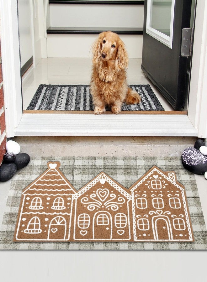 Tinideya 2 Pcs Christmas Door Mat Gingerbread House Brown and White Non Slip Xmas Winter Floor Doormat Buffalo Plaid Checked Mat for Front Porch Entryway - Image 4