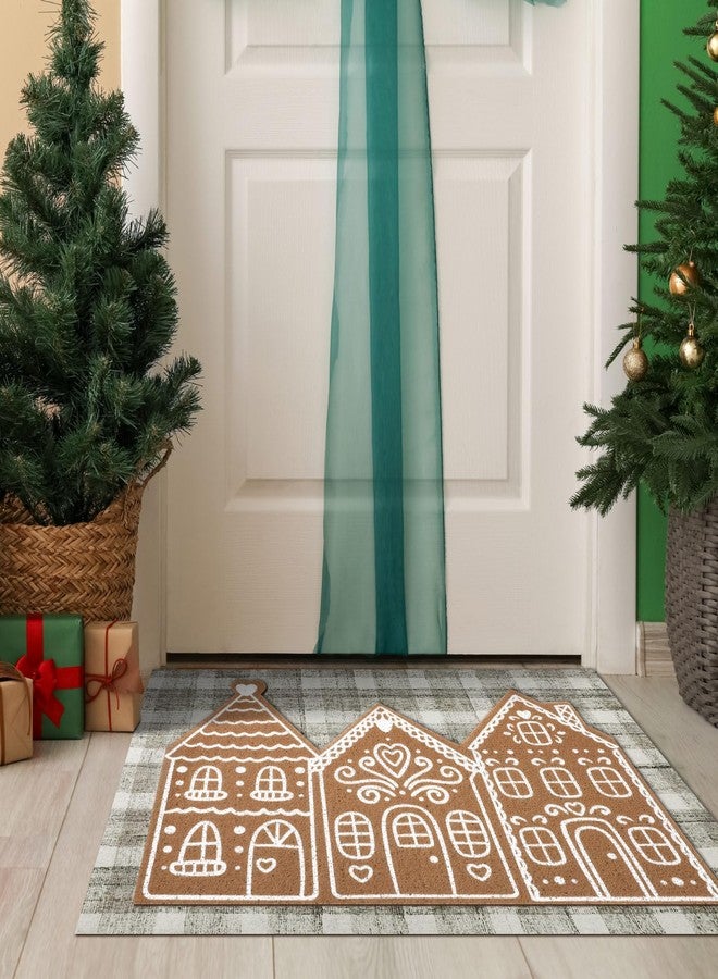 Tinideya 2 Pcs Christmas Door Mat Gingerbread House Brown and White Non Slip Xmas Winter Floor Doormat Buffalo Plaid Checked Mat for Front Porch Entryway - Image 5