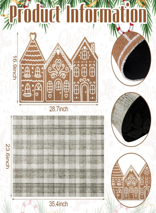 Tinideya 2 Pcs Christmas Door Mat Gingerbread House Brown and White Non Slip Xmas Winter Floor Doormat Buffalo Plaid Checked Mat for Front Porch Entryway - Image 3