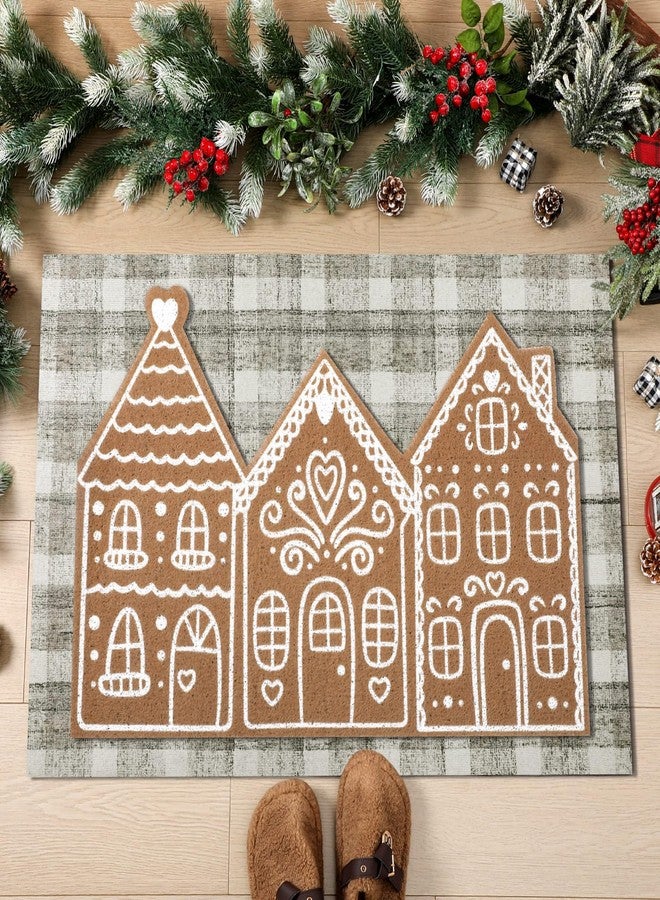 Tinideya 2 Pcs Christmas Door Mat Gingerbread House Brown and White Non Slip Xmas Winter Floor Doormat Buffalo Plaid Checked Mat for Front Porch Entryway - Image 1
