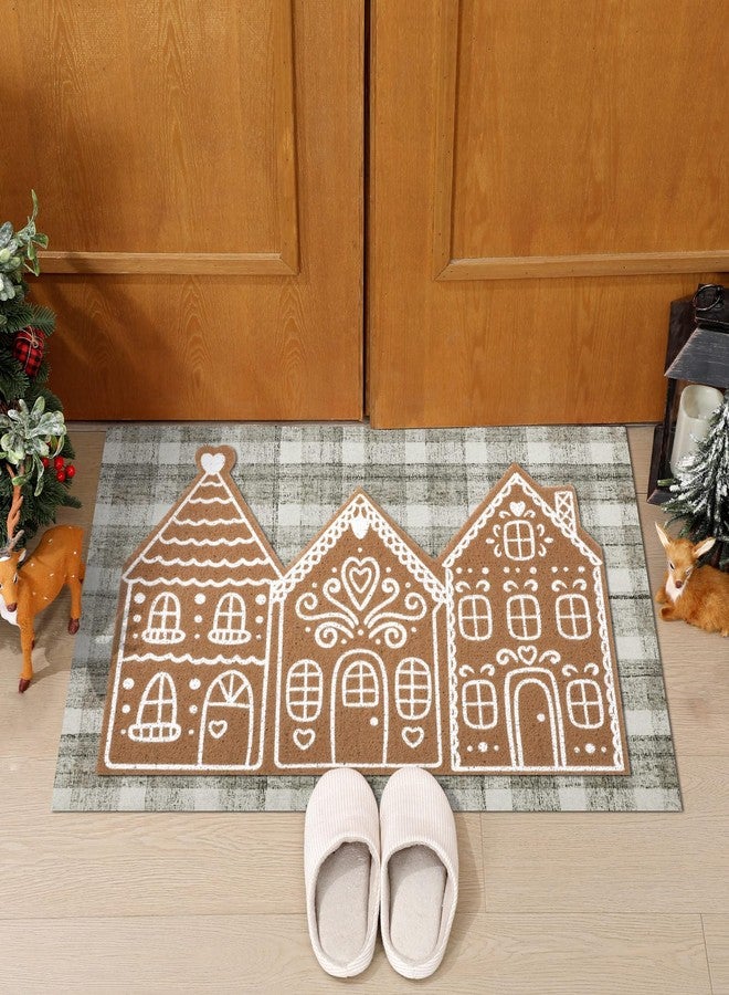 Tinideya 2 Pcs Christmas Door Mat Gingerbread House Brown and White Non Slip Xmas Winter Floor Doormat Buffalo Plaid Checked Mat for Front Porch Entryway - Image 2